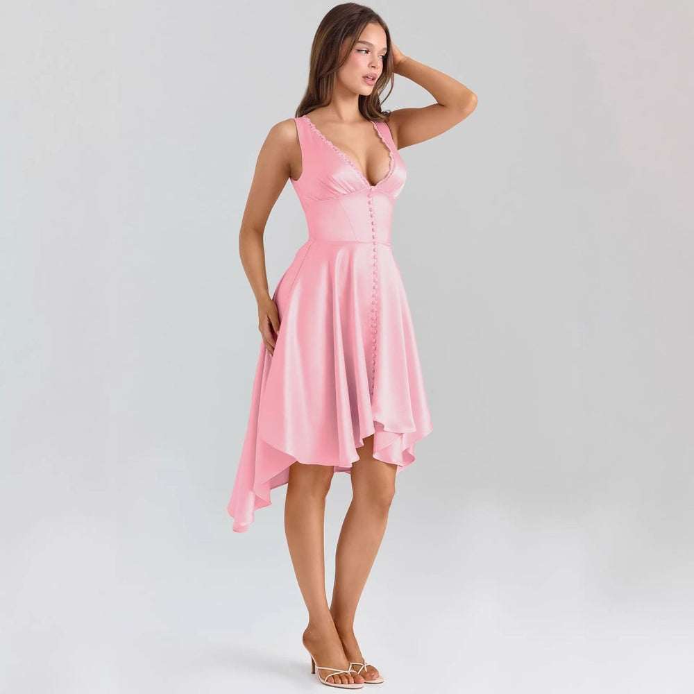 Women's Satin V-Neck Asymmetric Hem Midi Formal Dress