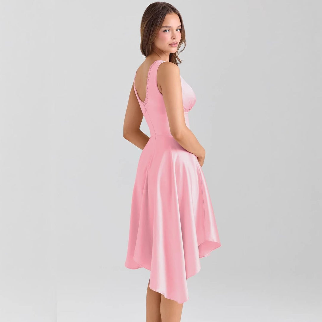 Women's Satin V-Neck Asymmetric Hem Midi Formal Dress