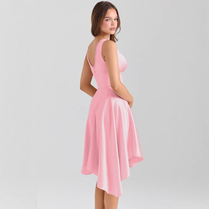 Women's Satin V-Neck Asymmetric Hem Midi Formal Dress