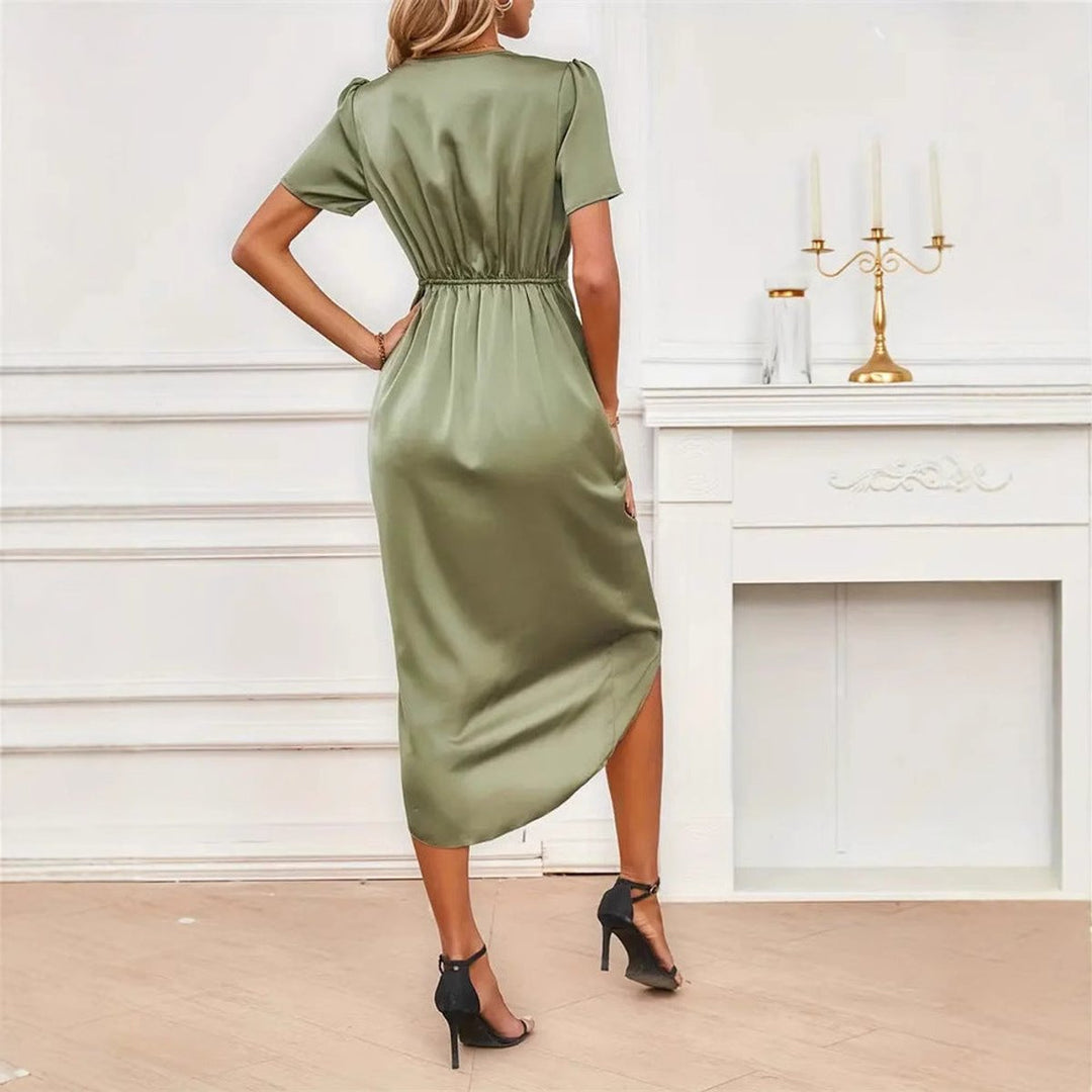 Women's Satin V-Neck Elastic-Waist Fall Midi Dress