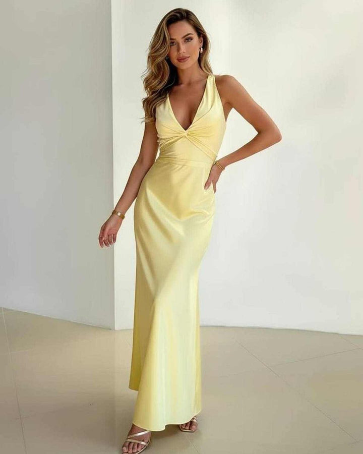 Women's Satin V-Neck Fall Wedding Guest Dress Sleeveless Maxi Gown