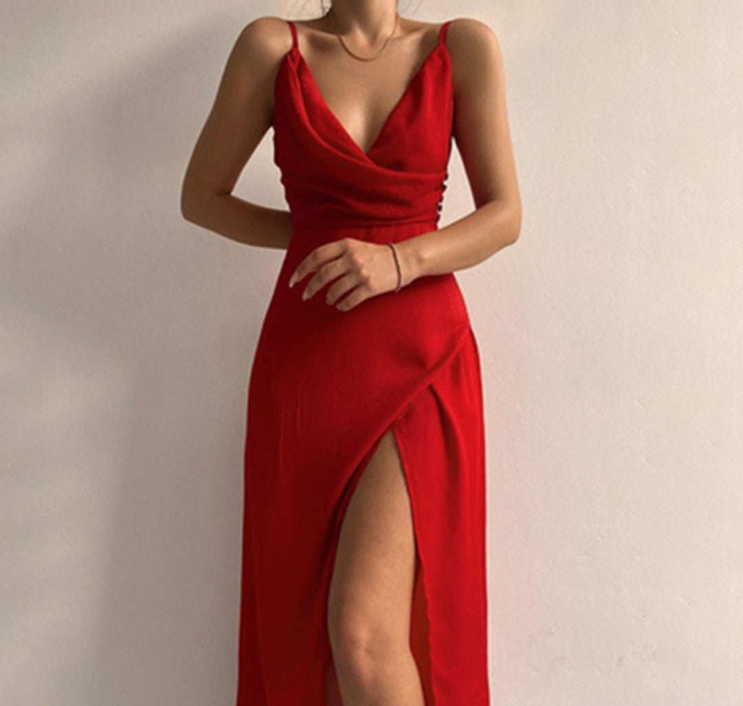 Women's Satin V-Neck Front-Slit Fall Midi Dress