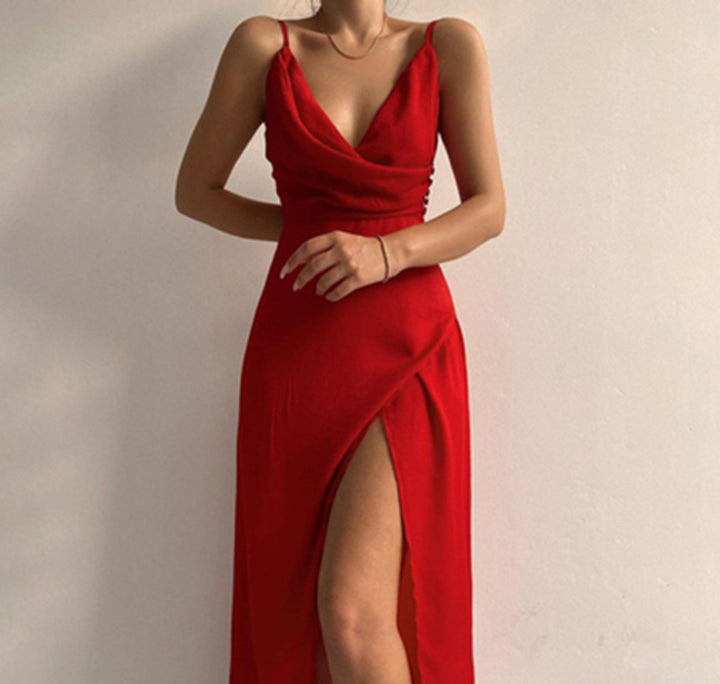 Women's Satin V-Neck Front-Slit Fall Midi Dress
