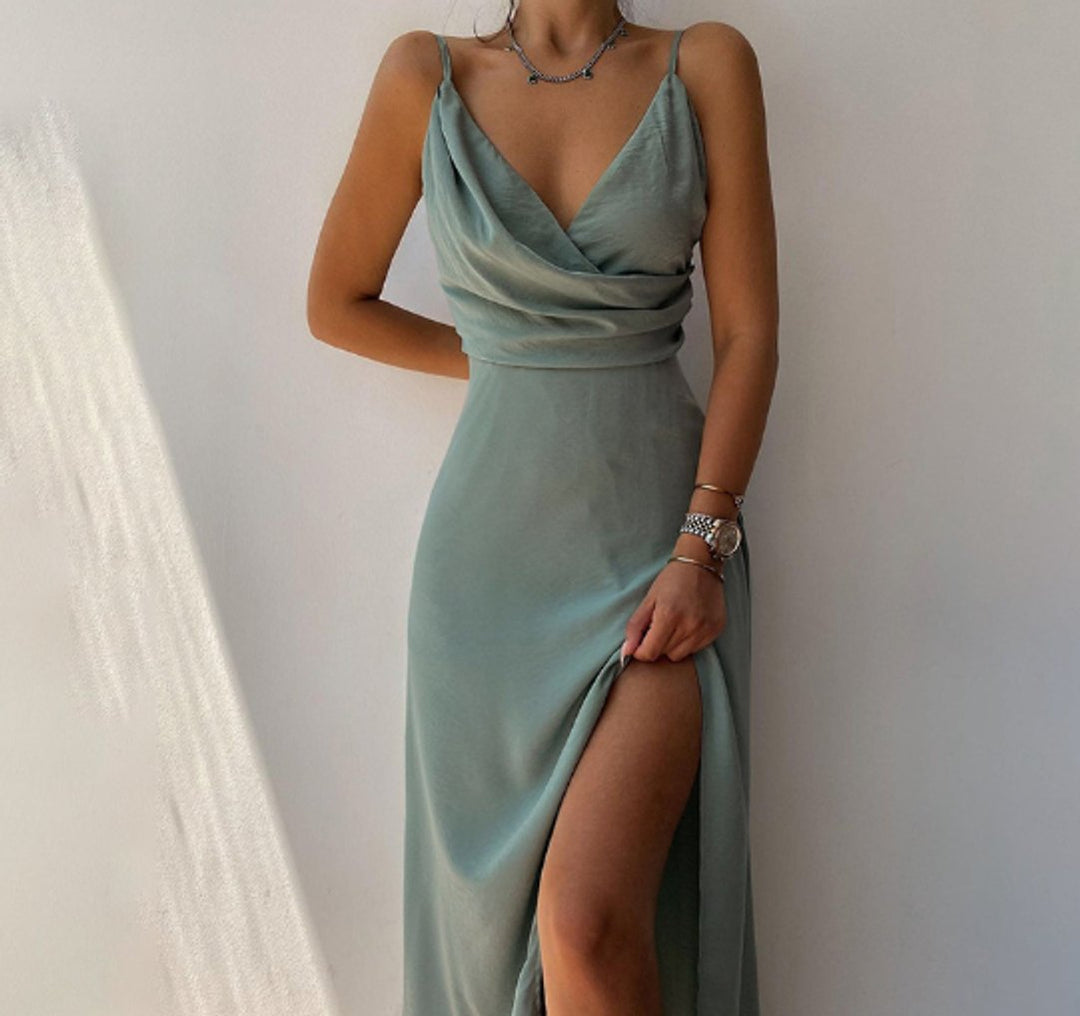 Women's Satin V-Neck Front-Slit Fall Midi Dress