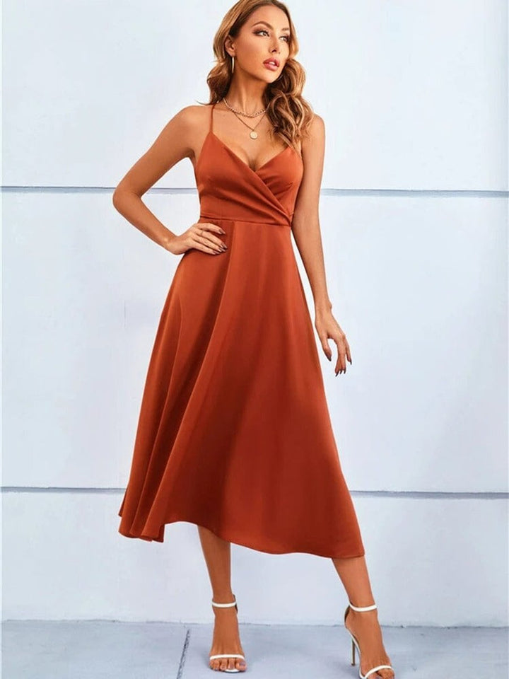 Women's Satin V-Neck Strappy Fall Midi Dress A-Line Wrap