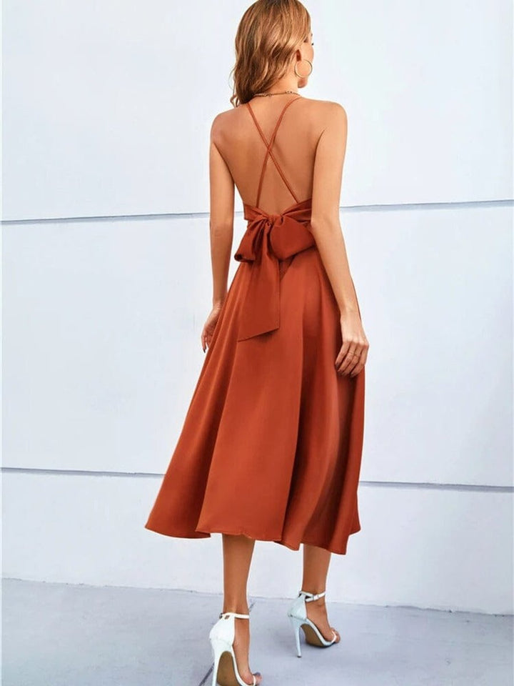 Women's Satin V-Neck Strappy Fall Midi Dress A-Line Wrap