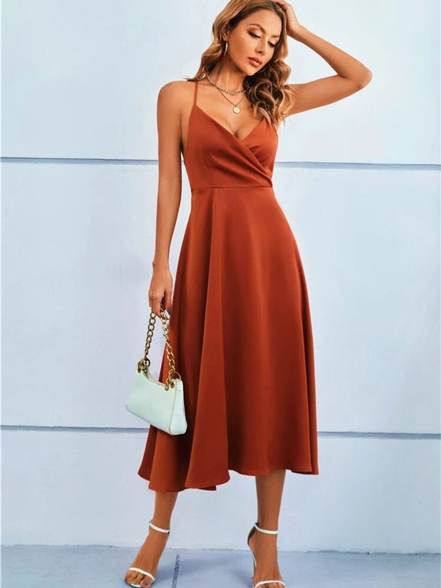 Women's Satin V-Neck Strappy Fall Midi Dress A-Line Wrap