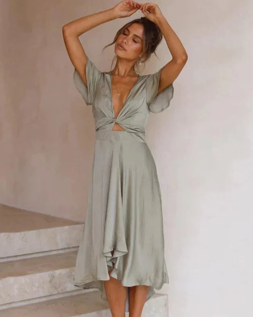 Women's Satin V-Neck Twist-Front Fall Midi Dress