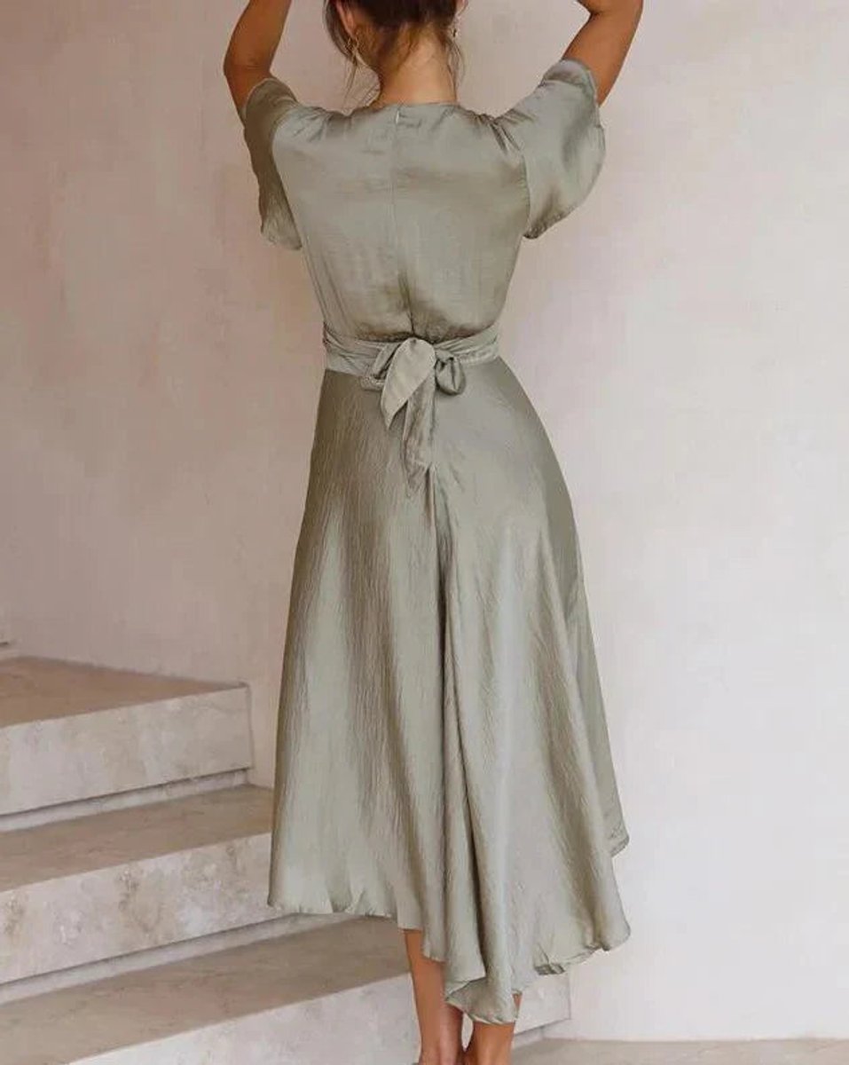 Women's Satin V-Neck Twist-Front Fall Midi Dress