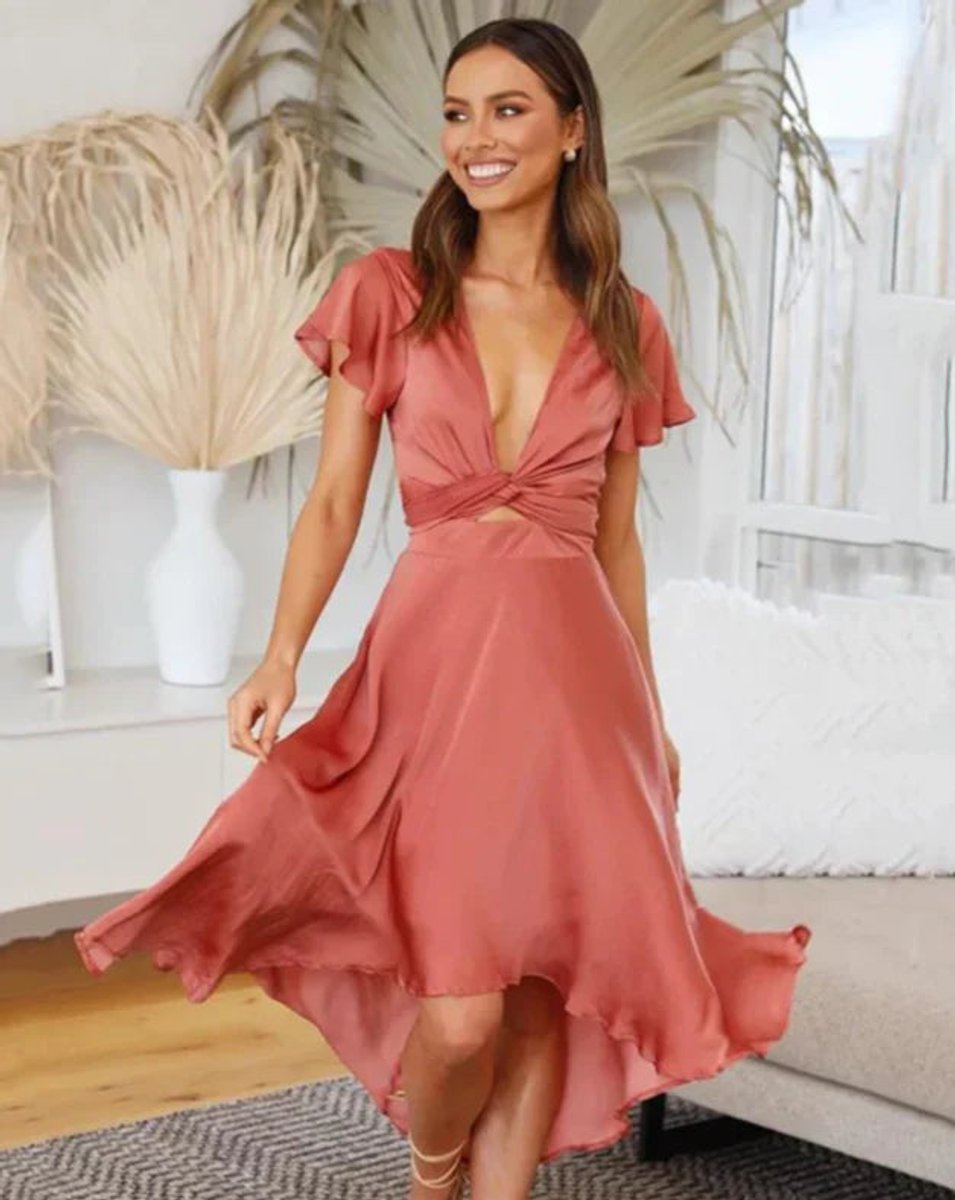 Women's Satin V-Neck Twist-Front Fall Midi Dress