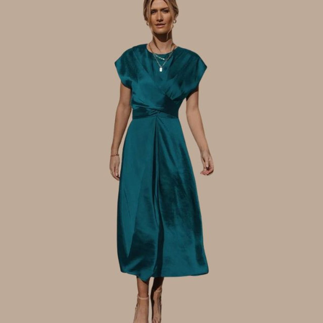 Women's Satin Wrap Cap-Sleeve Fall Midi Dress