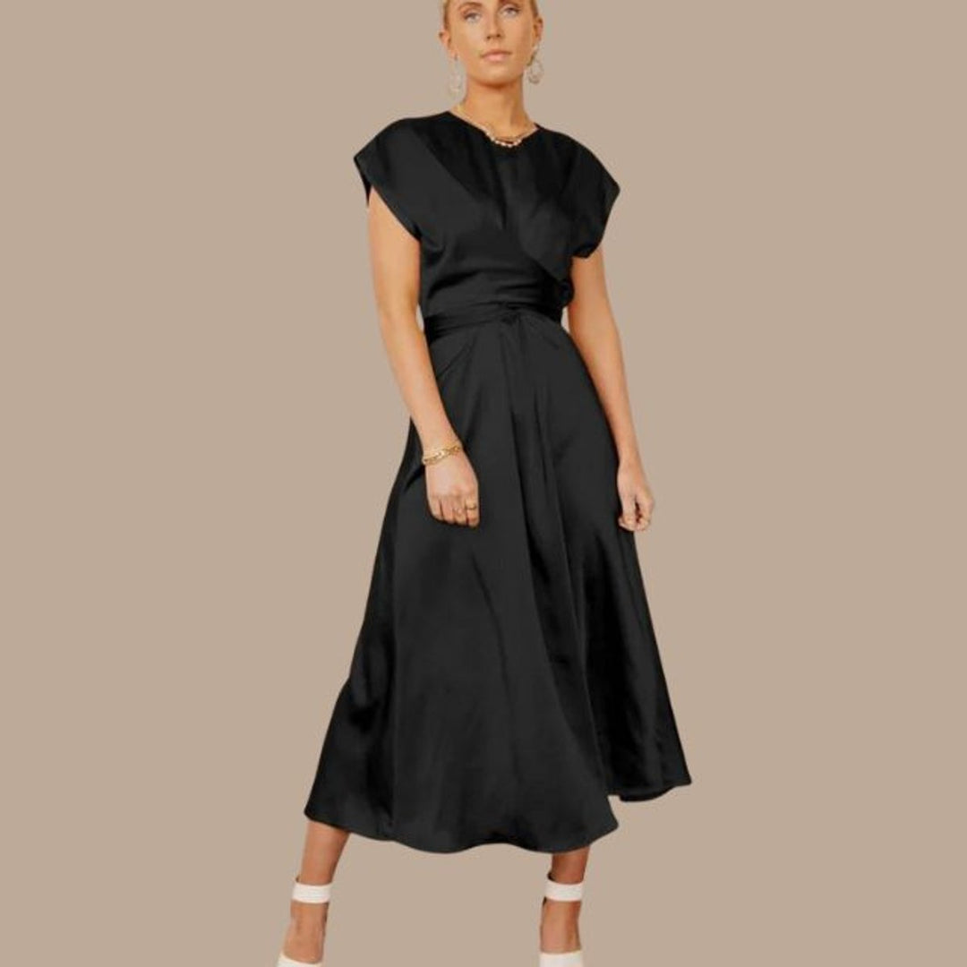 Women's Satin Wrap Cap-Sleeve Fall Midi Dress