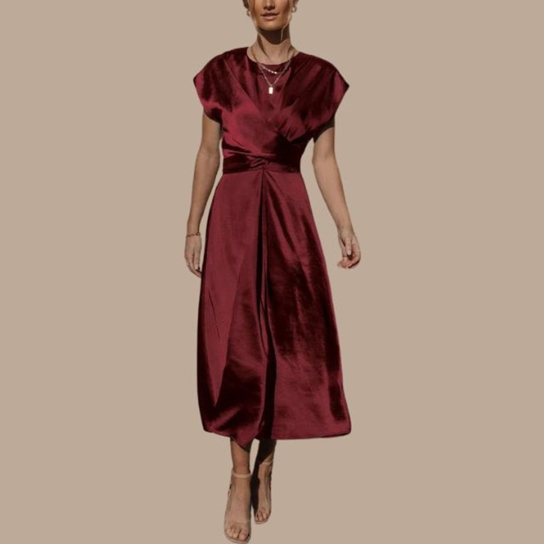 Women's Satin Wrap Cap-Sleeve Fall Midi Dress