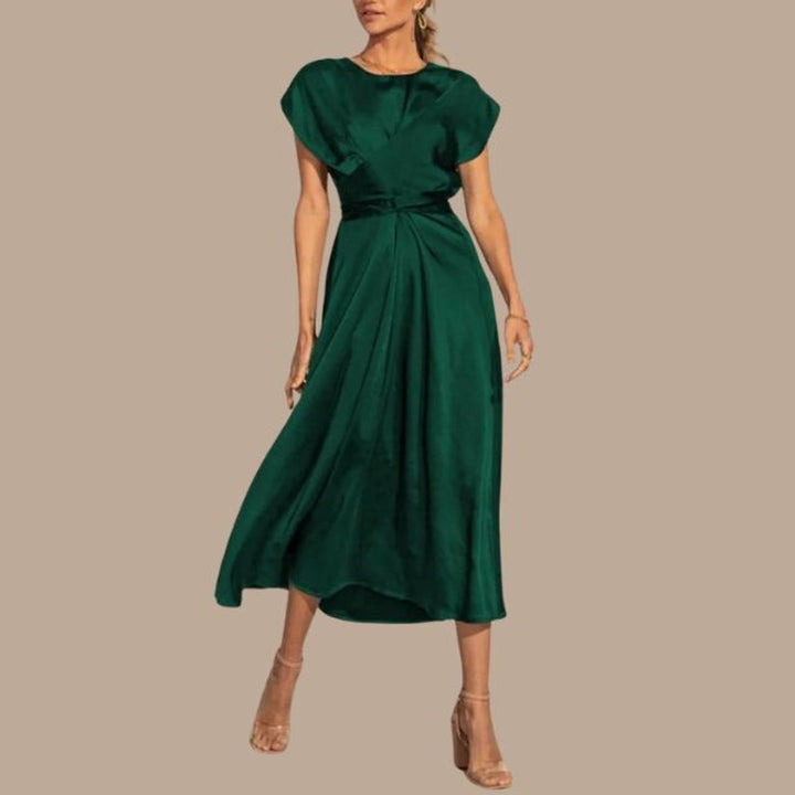 Women's Satin Wrap Cap-Sleeve Fall Midi Dress