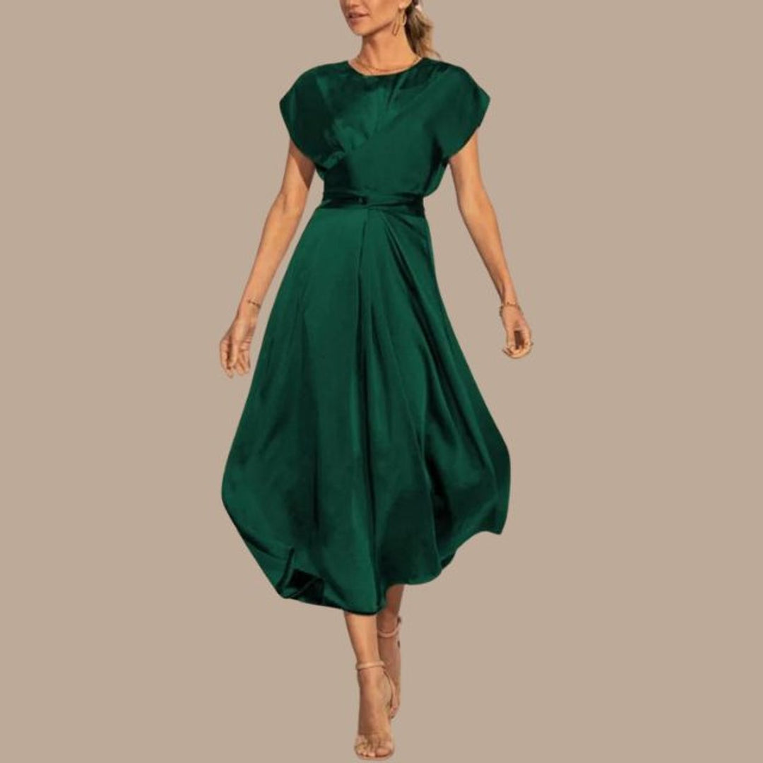 Women's Satin Wrap Cap-Sleeve Fall Midi Dress