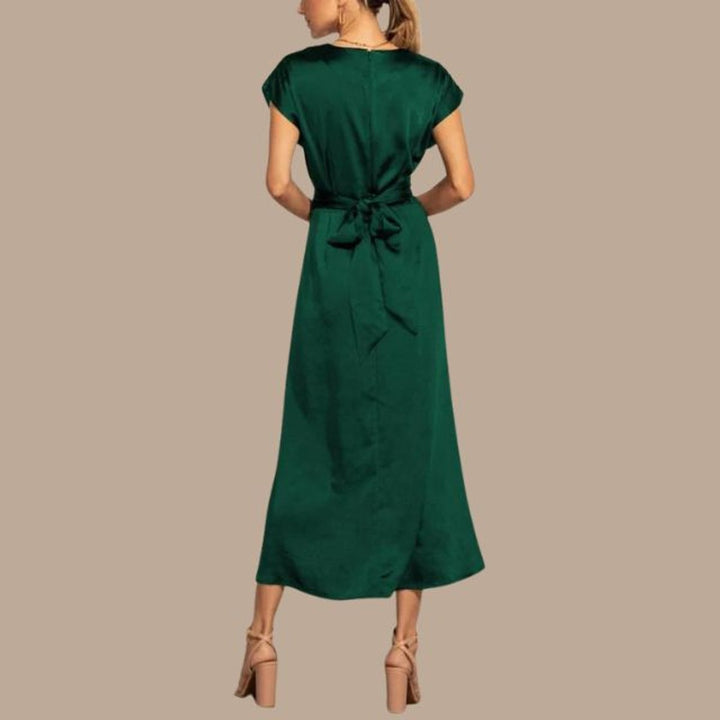 Women's Satin Wrap Cap-Sleeve Fall Midi Dress