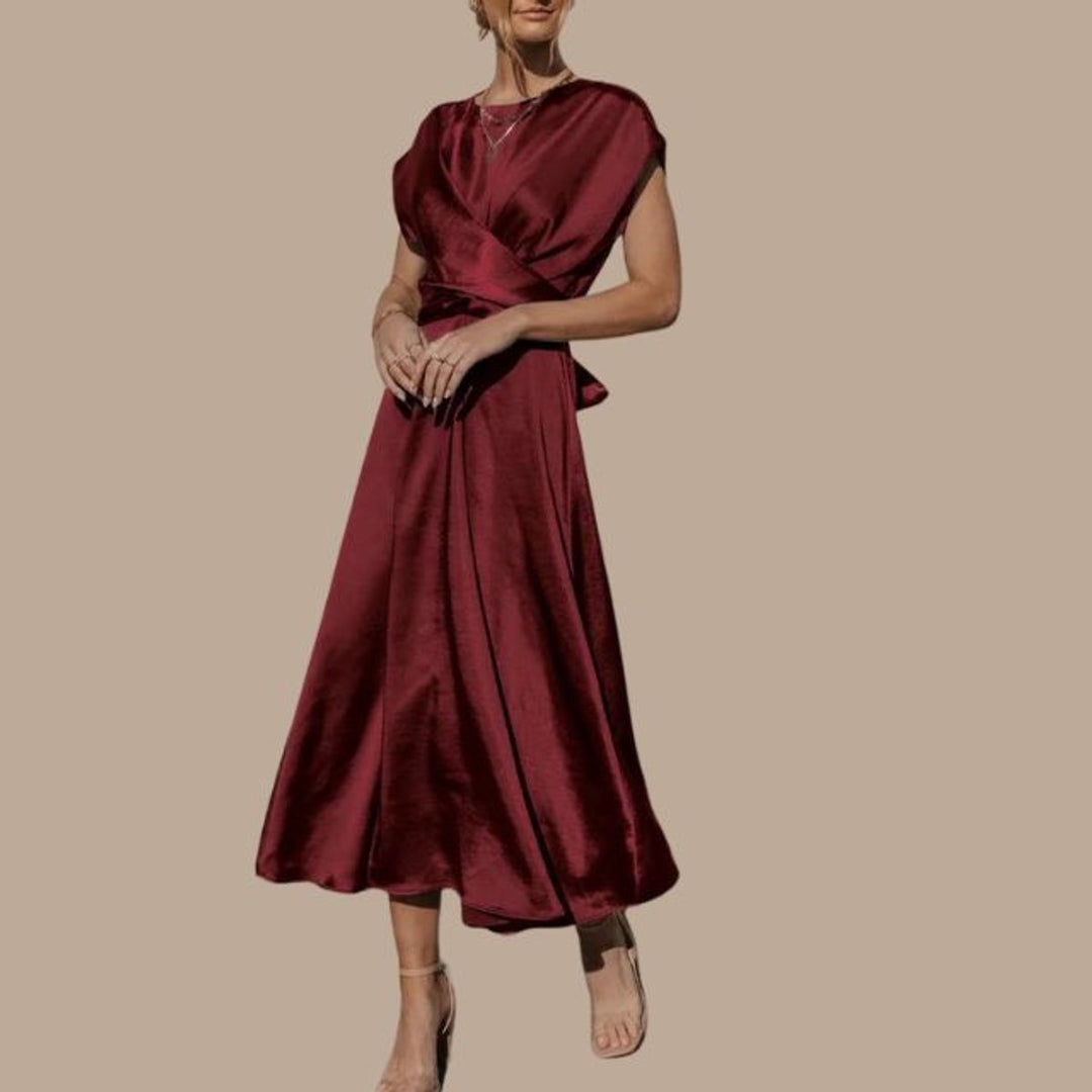 Women's Satin Wrap Cap-Sleeve Fall Midi Dress