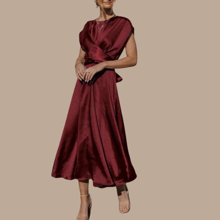 Women's Satin Wrap Cap-Sleeve Fall Midi Dress