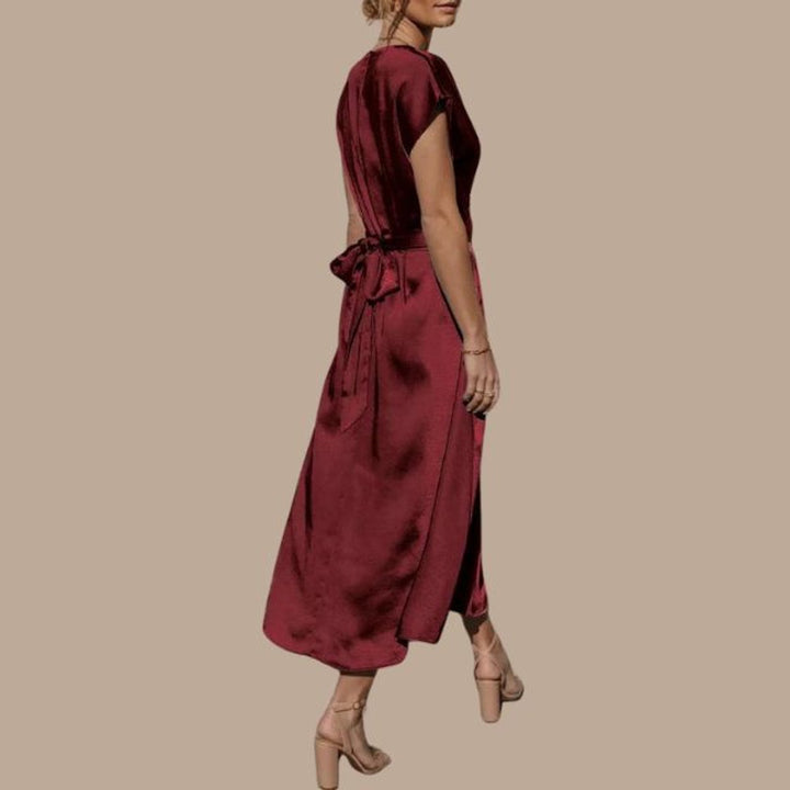 Women's Satin Wrap Cap-Sleeve Fall Midi Dress