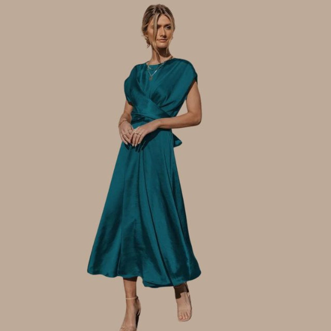 Women's Satin Wrap Cap-Sleeve Fall Midi Dress