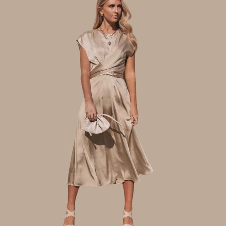 Women's Satin Wrap Cap-Sleeve Fall Midi Dress