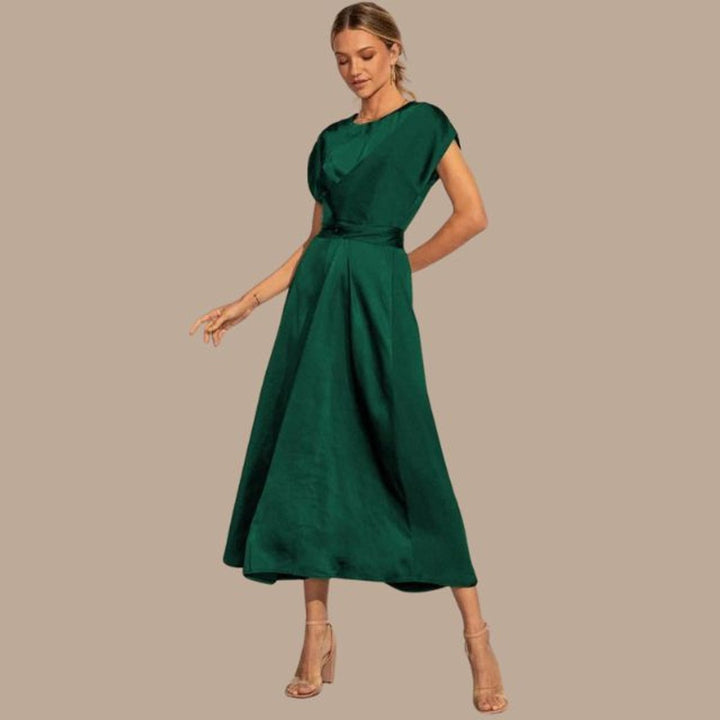 Women's Satin Wrap Cap-Sleeve Fall Midi Dress