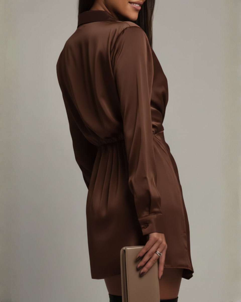 Women's Satin Wrap Long Sleeve Fall Dress Collared Mini