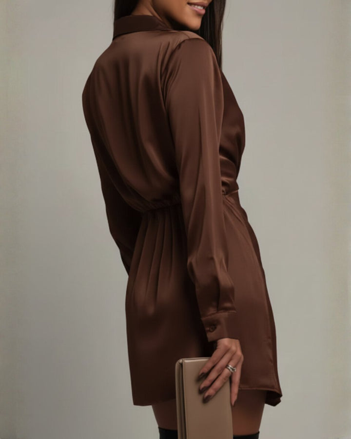 Women's Satin Wrap Long Sleeve Fall Dress Collared Mini