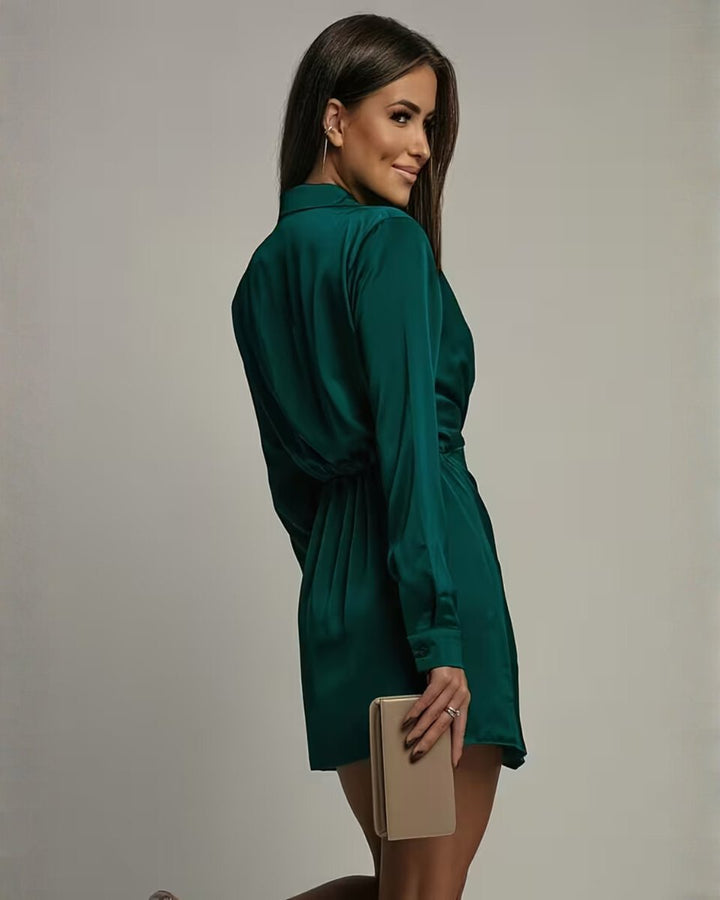 Women's Satin Wrap Long Sleeve Fall Dress Collared Mini