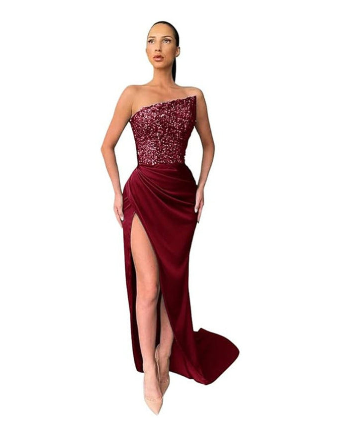 Women's Sequin Bodice Strapless Satin Fall Midi Dress High-Slit