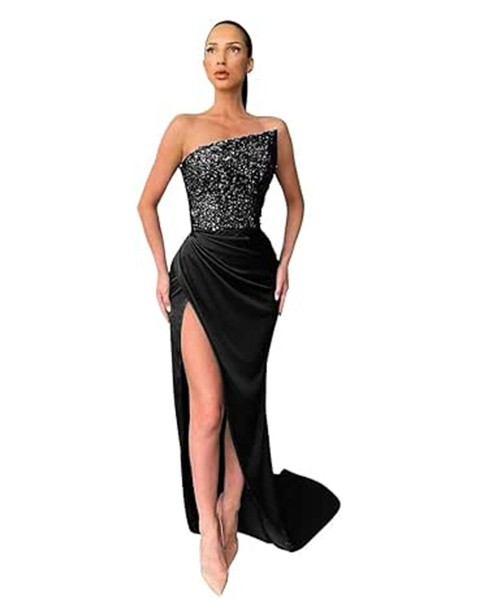 Women's Sequin Bodice Strapless Satin Fall Midi Dress High-Slit