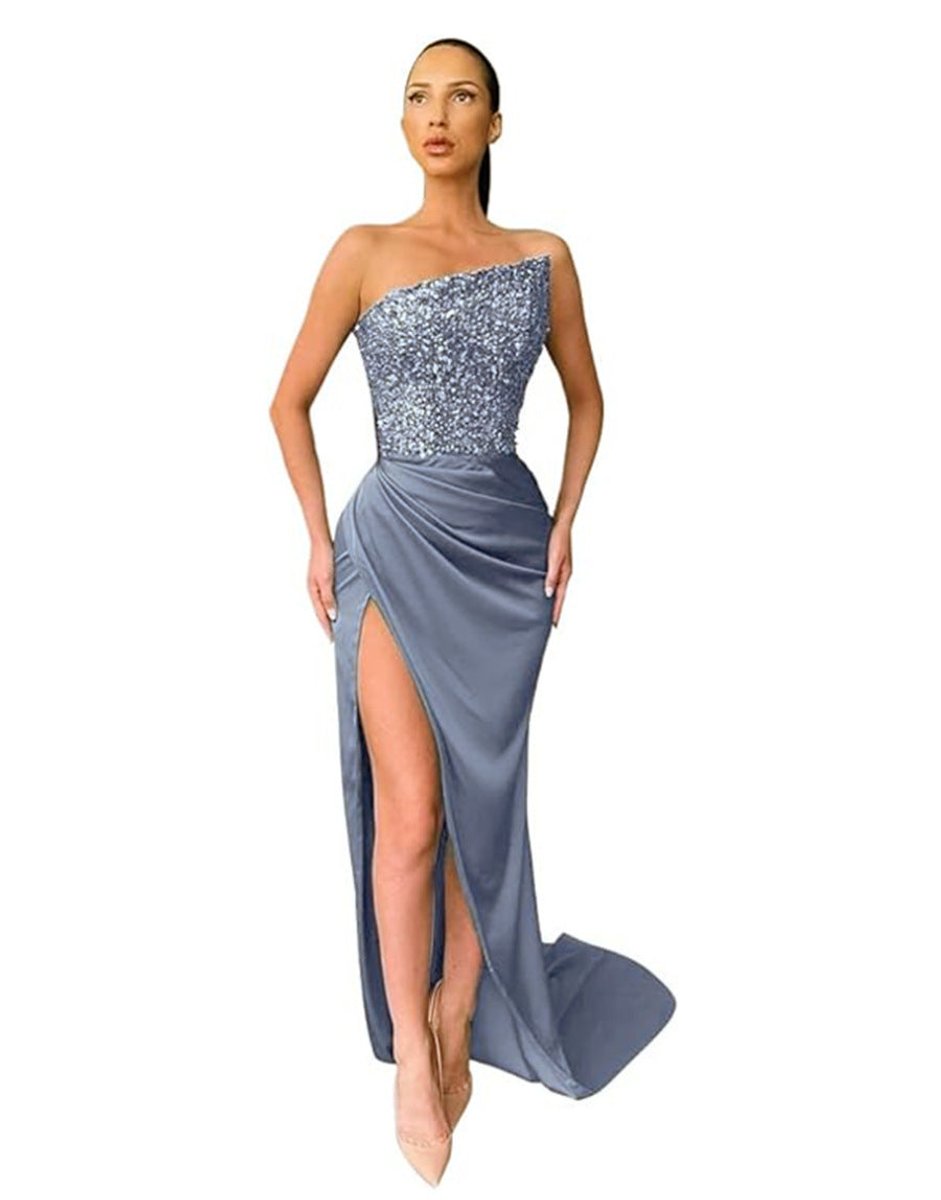 Women's Sequin Bodice Strapless Satin Fall Midi Dress High-Slit
