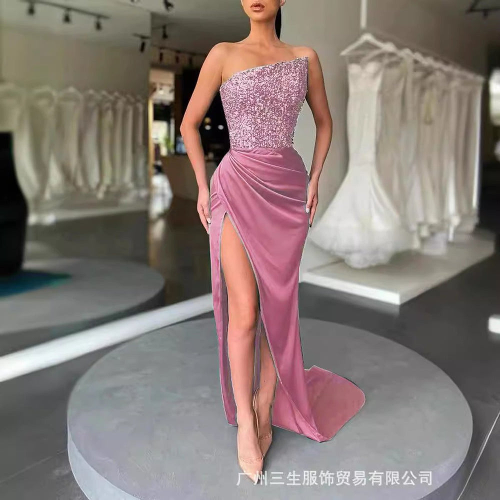 Women's Sequin Bodice Strapless Satin Fall Midi Dress High-Slit