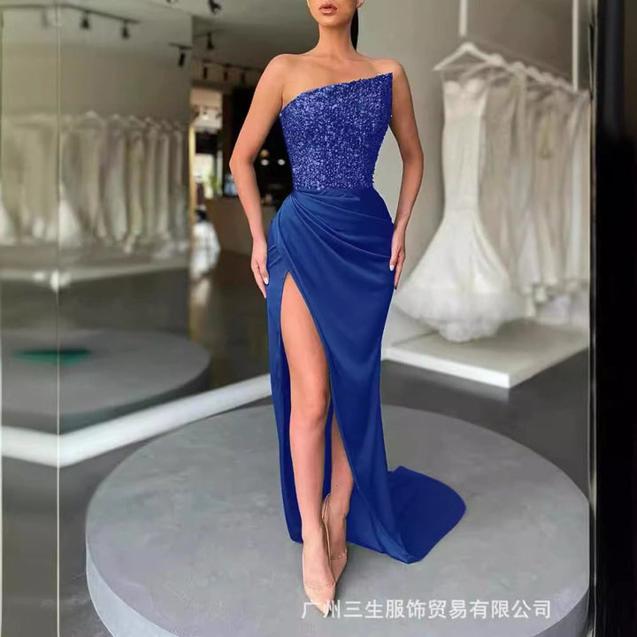 Women's Sequin Bodice Strapless Satin Fall Midi Dress High-Slit