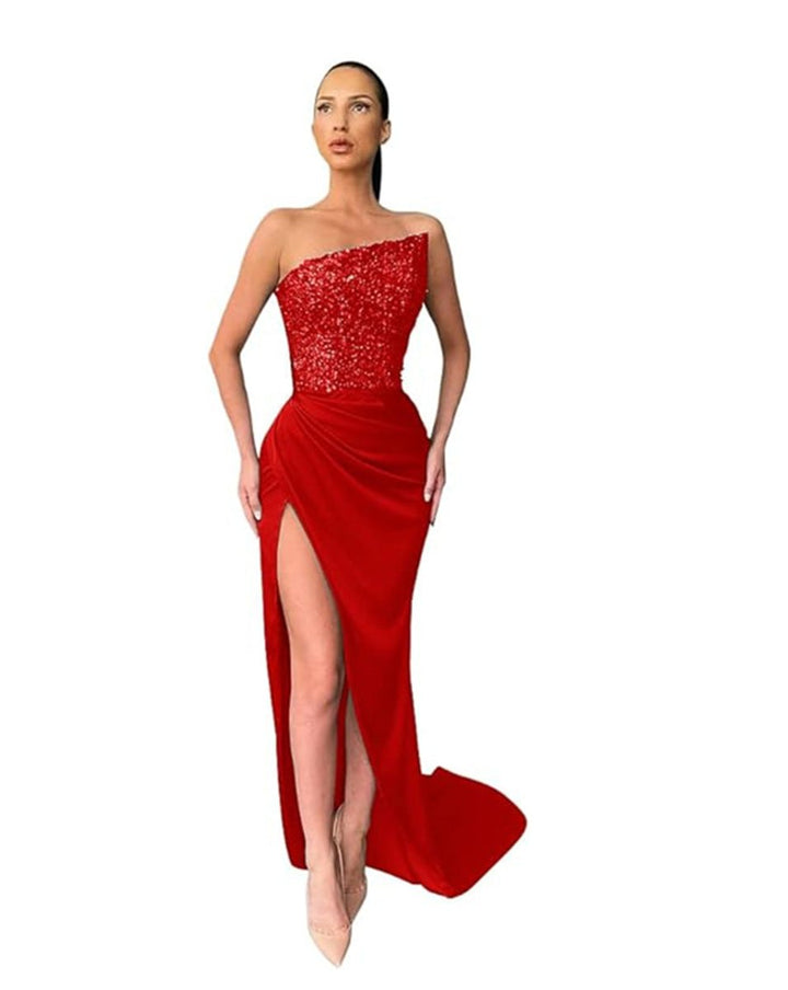Women's Sequin Bodice Strapless Satin Fall Midi Dress High-Slit