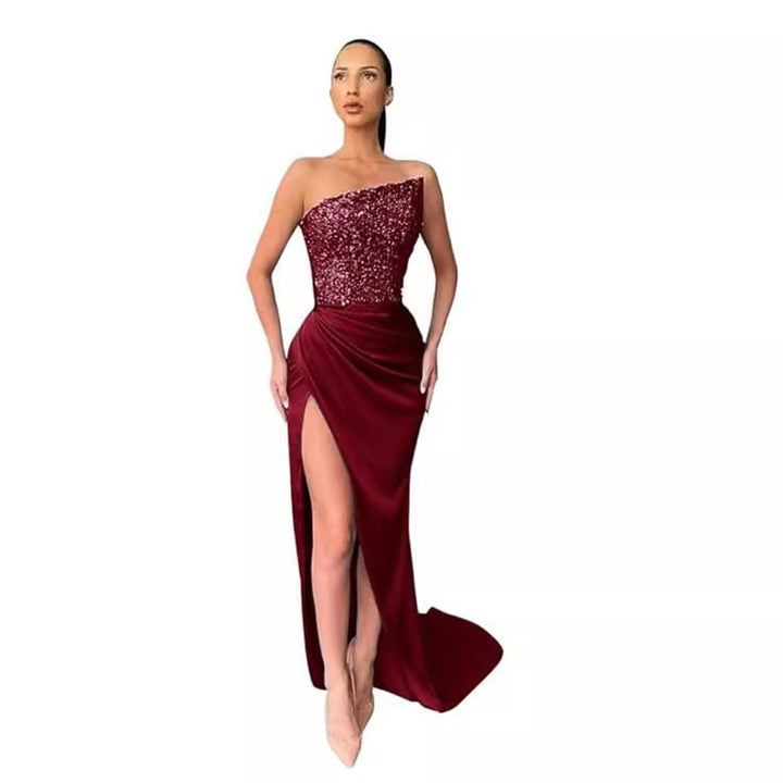 Women's Sequin Bodice Strapless Satin Fall Midi Dress High-Slit