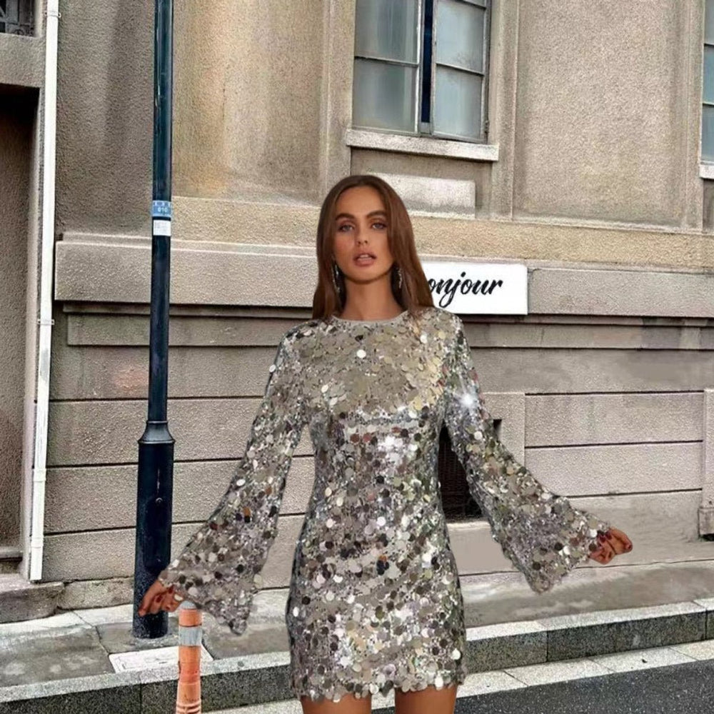 Women's Sequin Disc Long Sleeve Fall Dress Sparkly Mini Cocktail