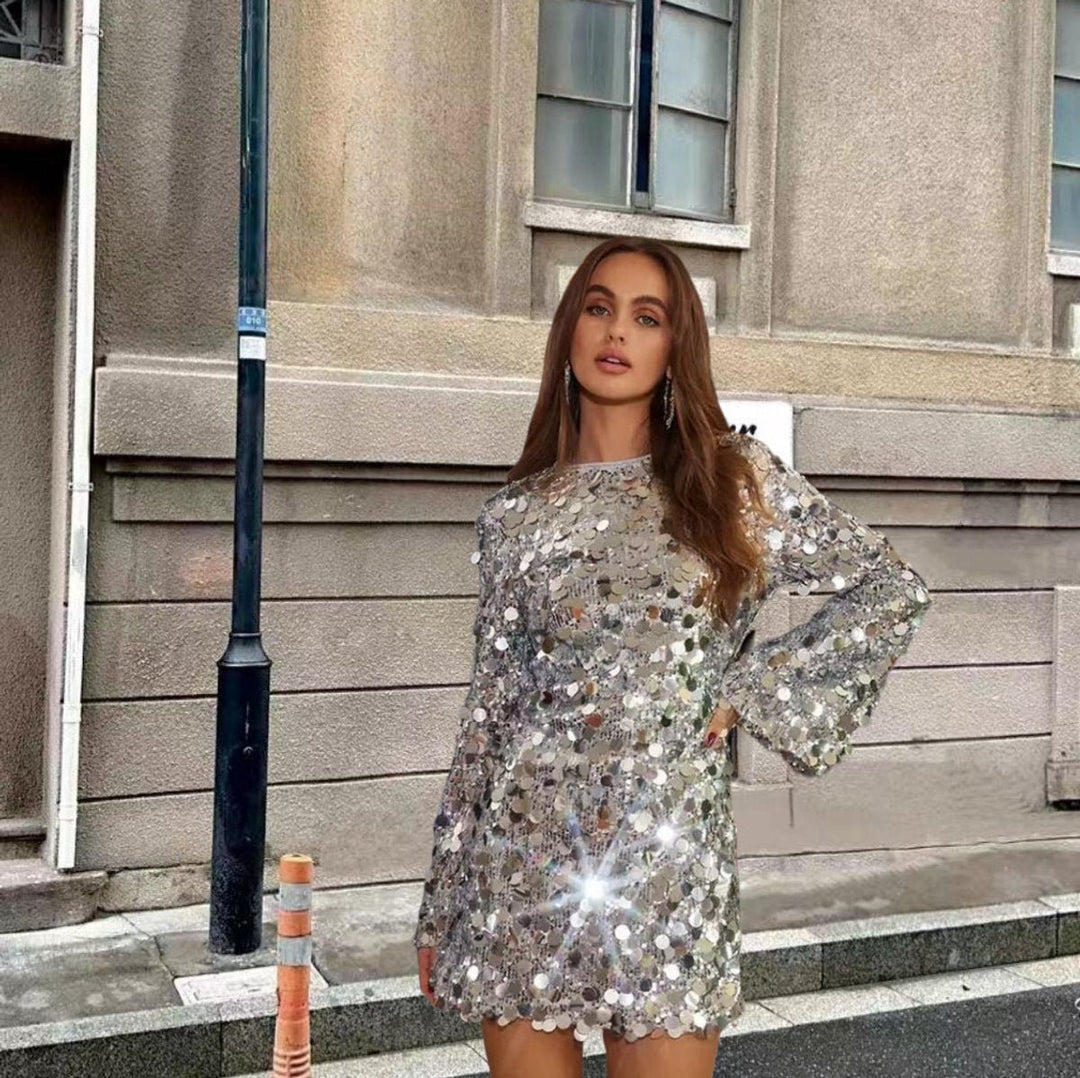 Women's Sequin Disc Long Sleeve Fall Dress Sparkly Mini Cocktail