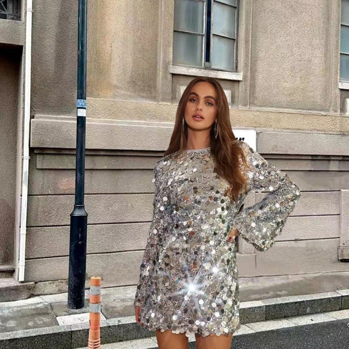 Women's Sequin Disc Long Sleeve Fall Dress Sparkly Mini Cocktail