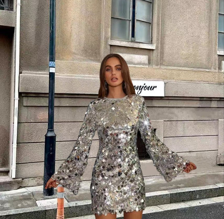 Women's Sequin Disc Long Sleeve Fall Dress Sparkly Mini Cocktail - Silver