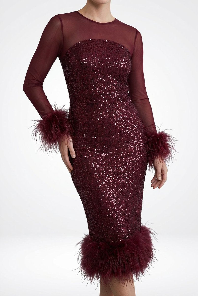 Women's Sequin Feather-Trim Sheer-Sleeve Midi Formal Dress