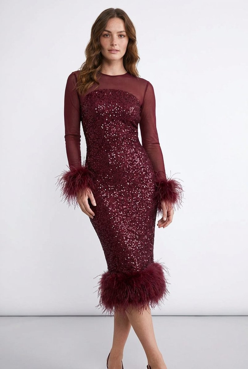 Women's Sequin Feather-Trim Sheer-Sleeve Midi Formal Dress