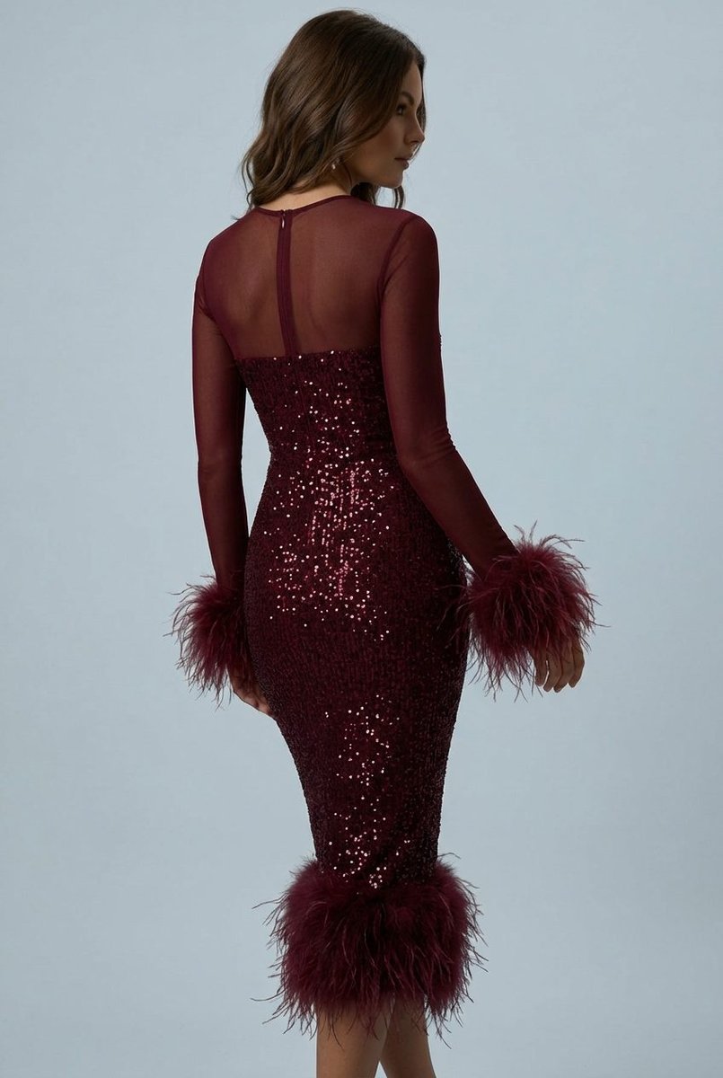 Women's Sequin Feather-Trim Sheer-Sleeve Midi Formal Dress