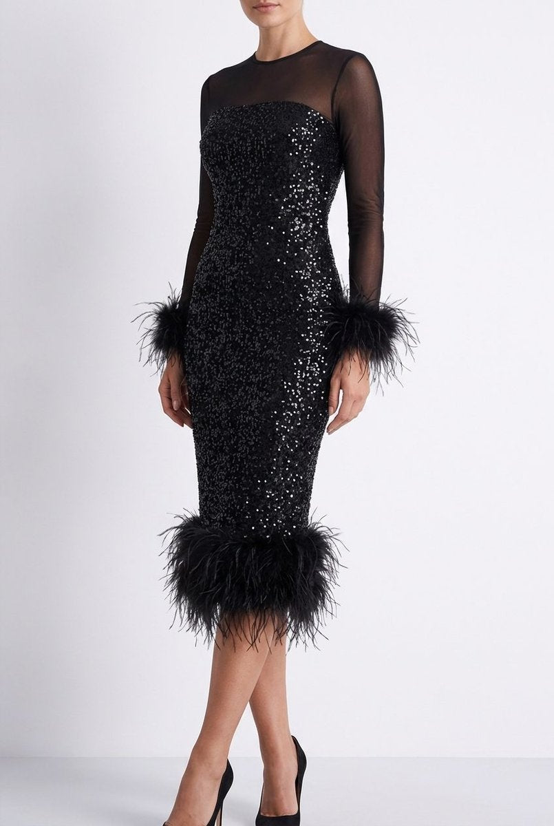 Women's Sequin Feather-Trim Sheer-Sleeve Midi Formal Dress