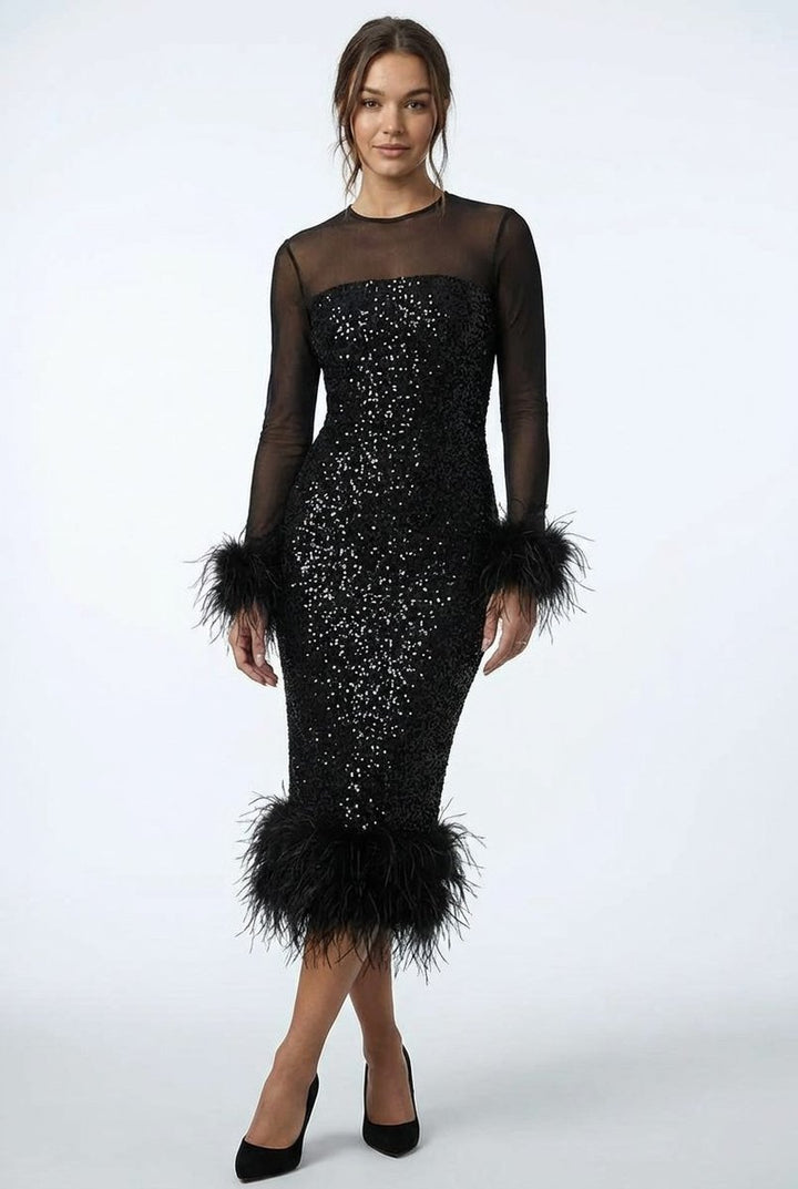 Women's Sequin Feather-Trim Sheer-Sleeve Midi Formal Dress