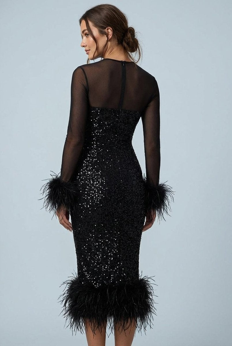 Women's Sequin Feather-Trim Sheer-Sleeve Midi Formal Dress