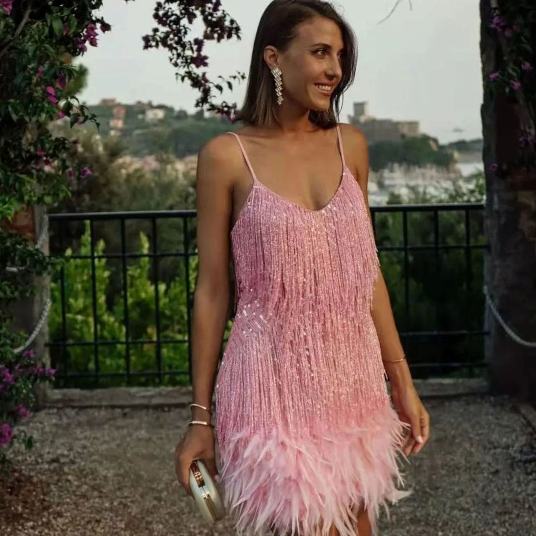 Women's Sequin Fringe Feather-Hem Cocktail Dress - Light Pink