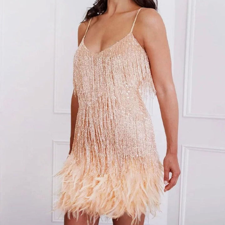 Women's Sequin Fringe Feather-Hem Cocktail Dress - Beige