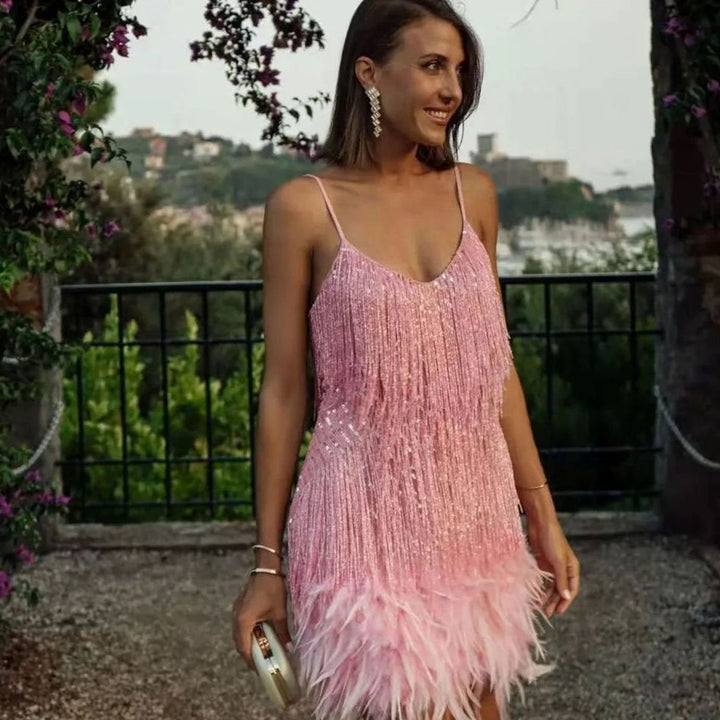 Women's Sequin Fringe Feather Mini Cocktail Dress - Light Pink