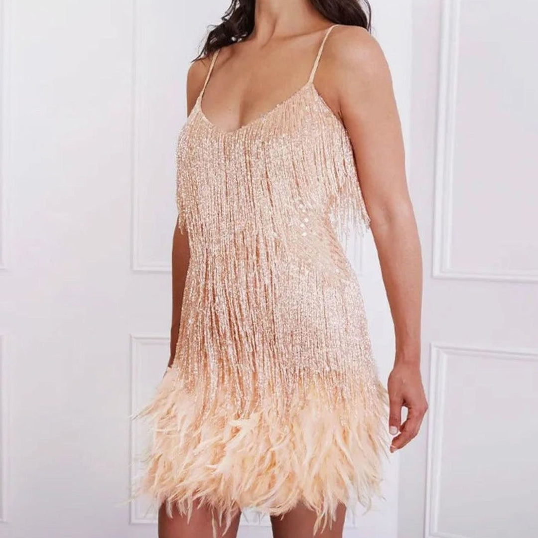 Women's Sequin Fringe Feather Mini Cocktail Dress - Beige